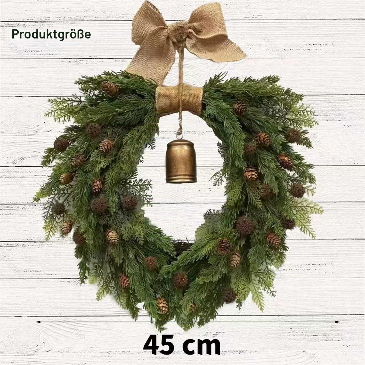 45 cm Weihnachtskranz Bauernhaus, Weihnachtsdeko Kranz Haustür, Künstlicher Weihnachtskranz mit Tannenzweigen und Glöckchen, Geeignet für Türen, Wände und Festliche Dekorationen