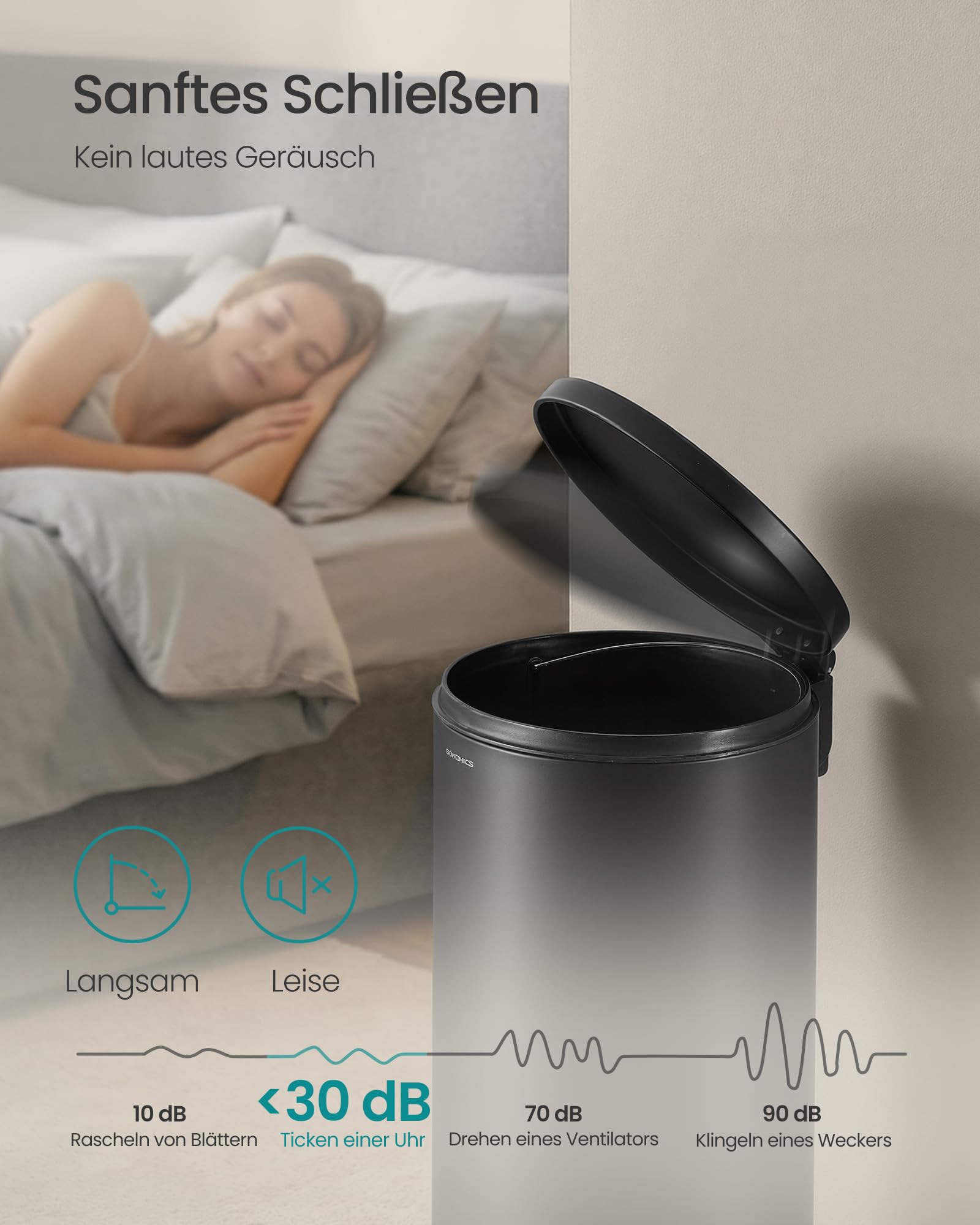 SONGMICS Mülleimer Küche, rund, Abfalleimer, 15 Müllbeutel, Tretmülleimer mit Metall-Pedal, herausnehmbarer Inneneimer aus Kunststoff, Griff, Softclose-Deckel, Stahl, 30 L, tintenschwarz LTB031BZ02