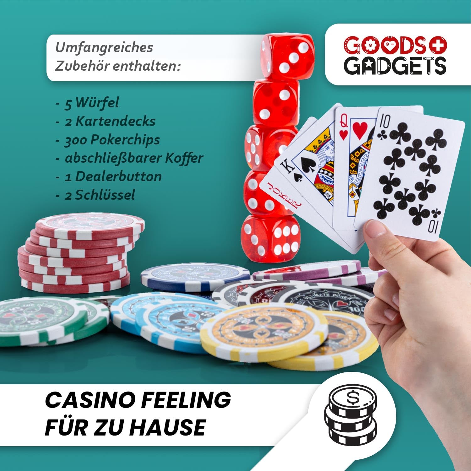 GOODS+GADGETS Maletín de Póquer con 300 a 500 Fichas, Baraja de Cartas, Dados y Botón del Crupier - Maleta de Aluminio con Cerradura (Negro, 300 Fichas)