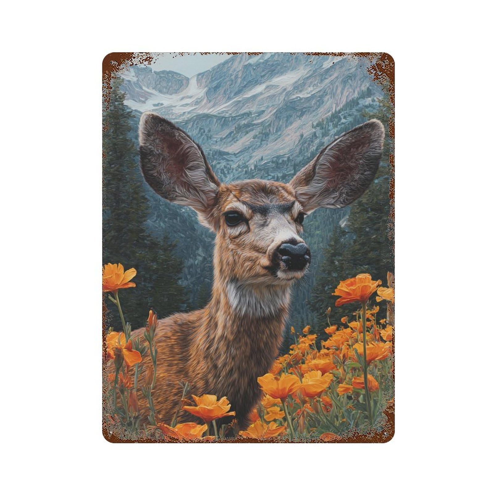 Deer in Mountain Flowers Retro Metal Sign 15.7"x11.8", Classic Wall Plaque for Garage, Pub Or Kitchen