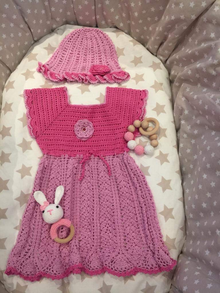 Lila und rosa gehäkeltes Baby Kleid Set mit Sommerhut stricken Kleid Mädchen Sommerkleid