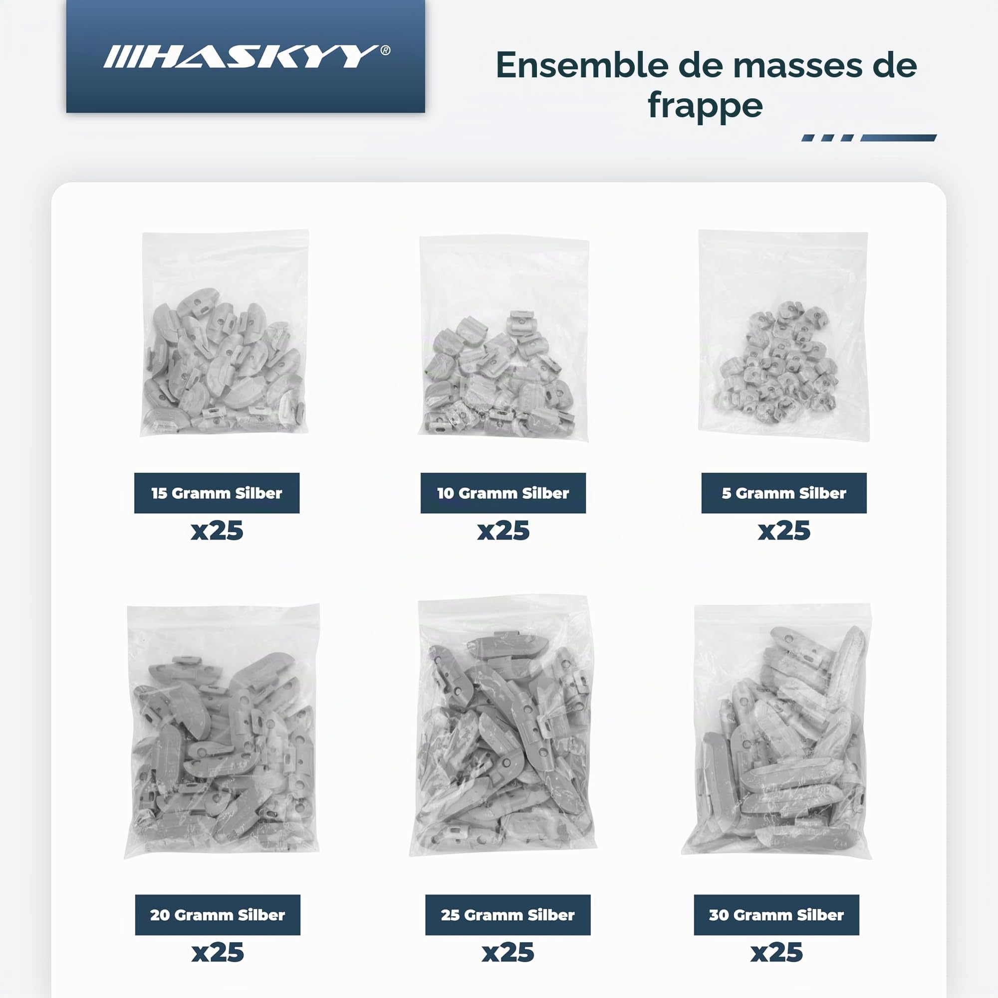 HASKYY 150 pcs. masses d’équilibrage I Frappante Poids de d'EQUILIBRAGE JANTES ACIER I Chacun 25x 5g, 10g, 15g, 20g, 25g 30g