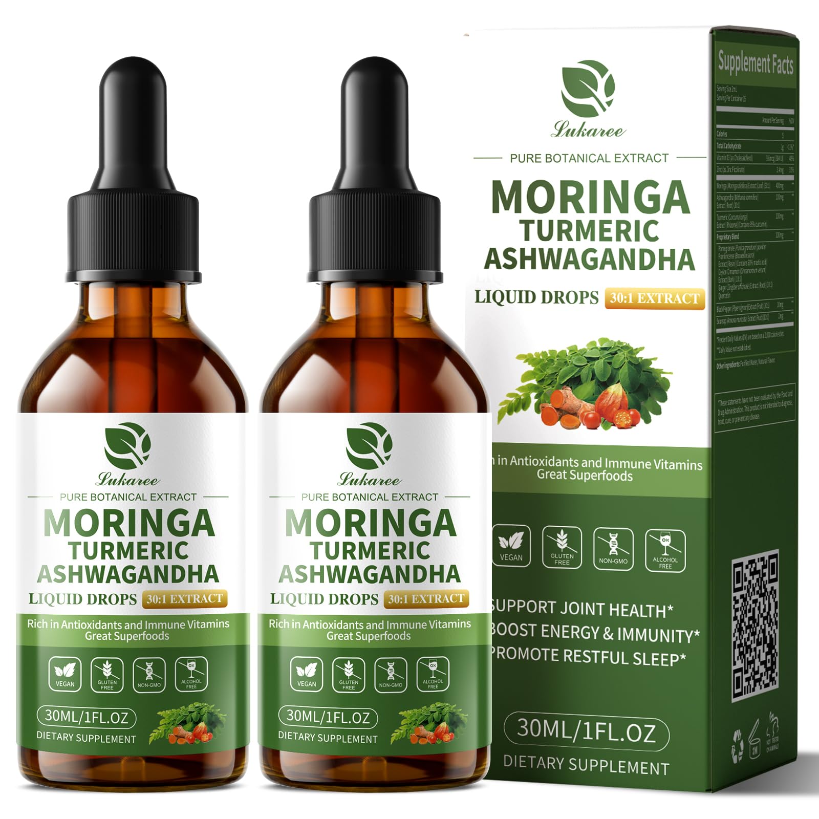 Lukaree 12-in-1 Lipsomal Moringa Leaf Drops with Ashwagandha Turmeric Quercetin, 98% Absorption &amp; Pure Moringa Extract for Energy Immune Joint Digestive Support, Vegan Non-GMO Gluten-Free