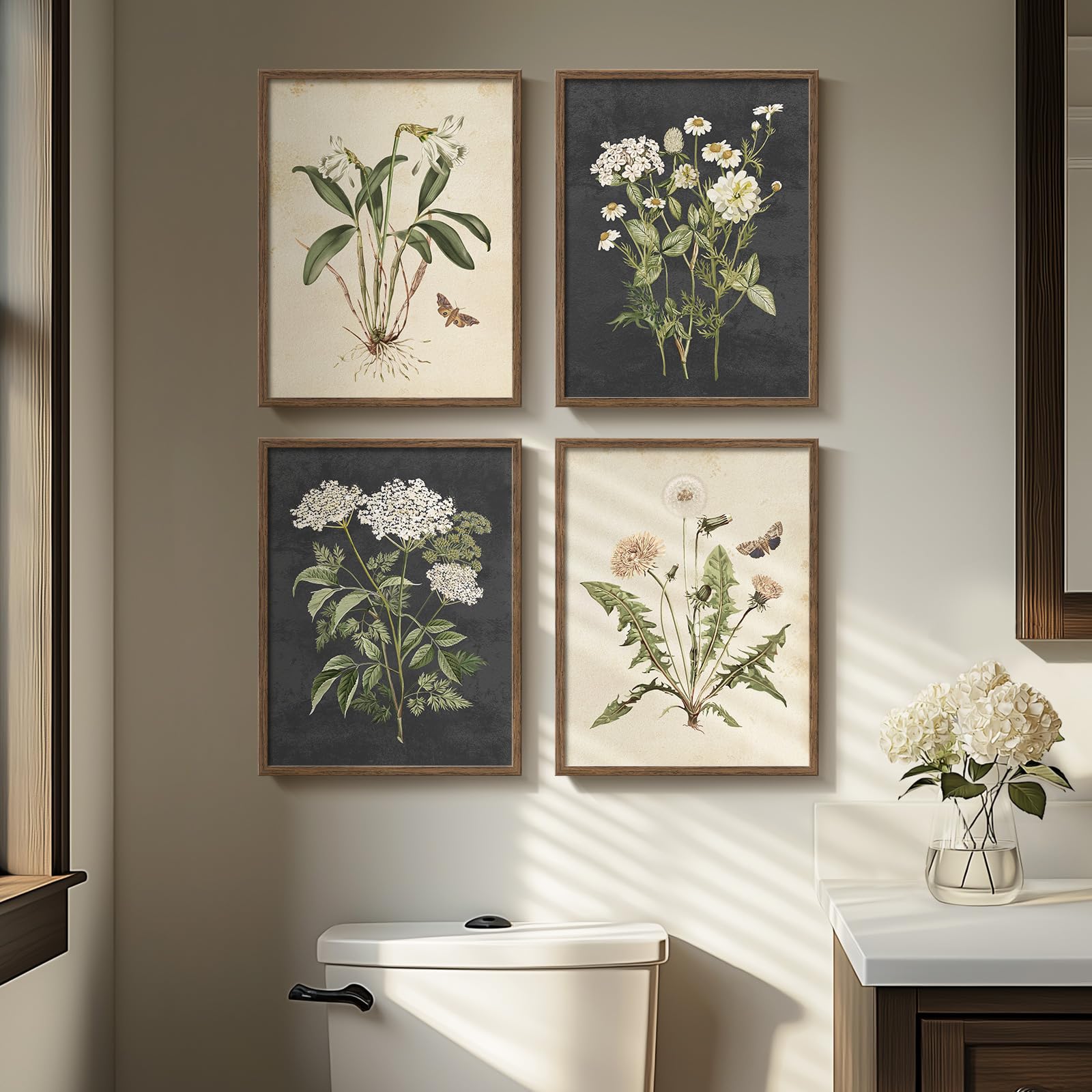Framed Botanical Wall Art, 4 Piece Vintage Farmhouse Floral Canvas Painting Prints Artwork for Bathroom Walls, Rustic Flower Butterfly Pictures for
