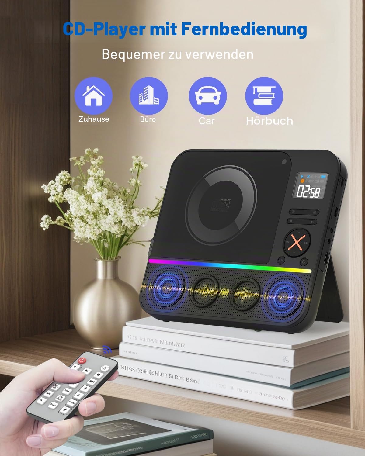 Tragbarer CD Player Bluetooth, Boombox Desktop CD-Player mit Bluetooth FM-Radio und RGB LED-Anzeige Integrierte Dual-Lautsprecher Unterstützt USB/AUX für Hause Camping Tragbare CD-Players