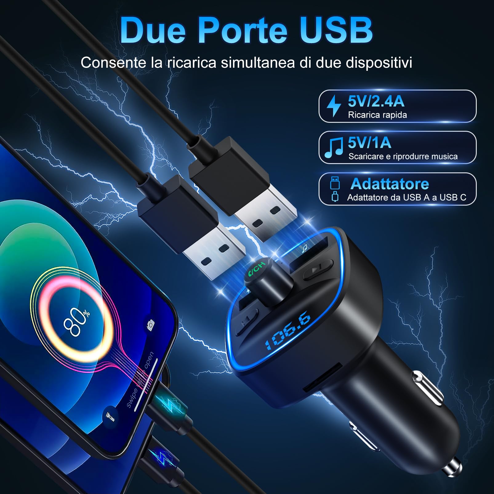 Trasmettitore FM Bluetooth 5.3 per Auto Radio, Adattatore Bluetooth Auto con 2 Porte USB, Kit Vivavoce MP3 Audio Lettore Caricabatterie Auto Supporto BT, Scheda TF, Disco USB