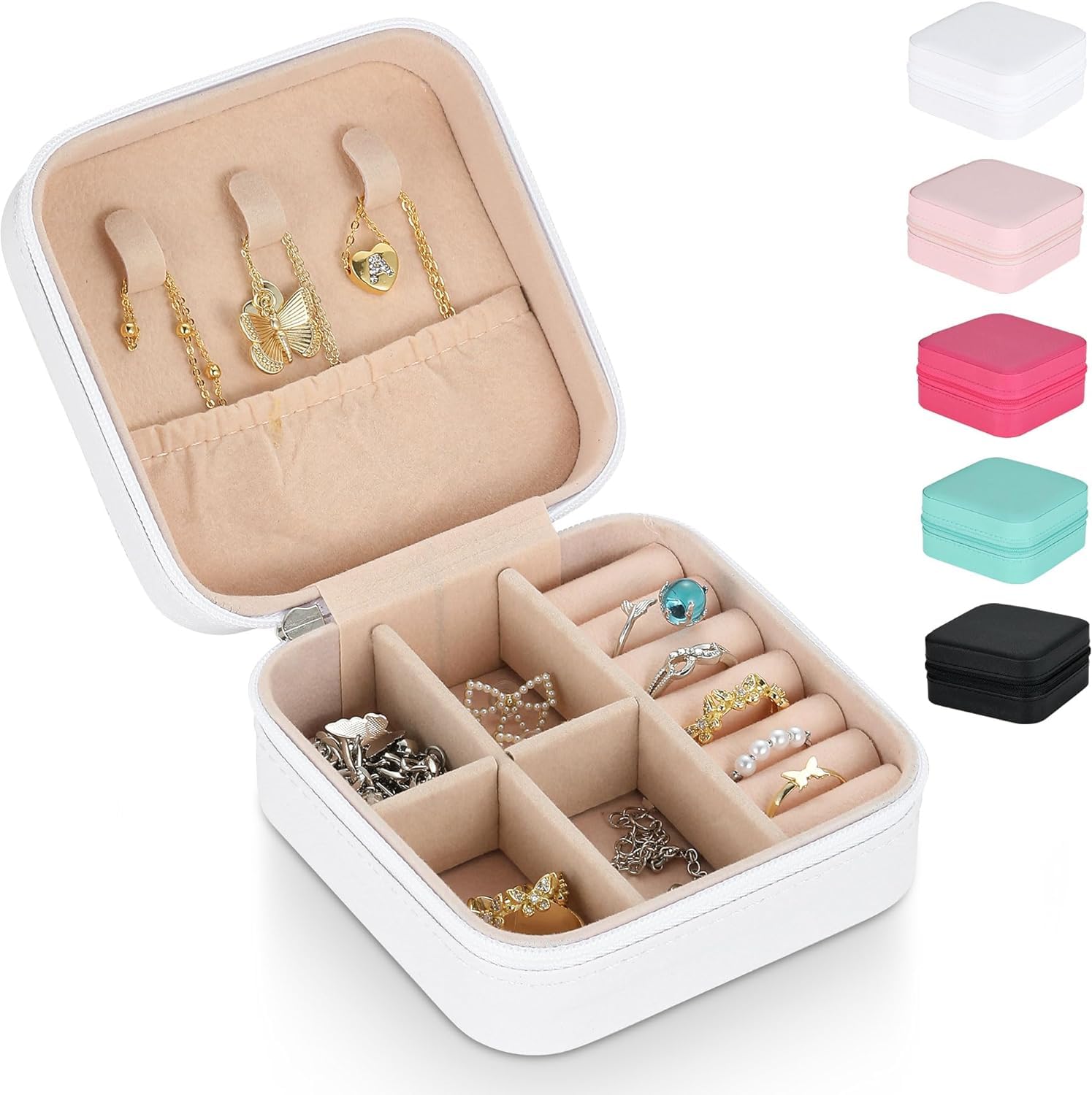 ROMINO Portable Travel Mini Jewelry Organiser Box PU Leather Zipper Case with Dividers Container for Rings, Earrings, Necklace Home Organizer