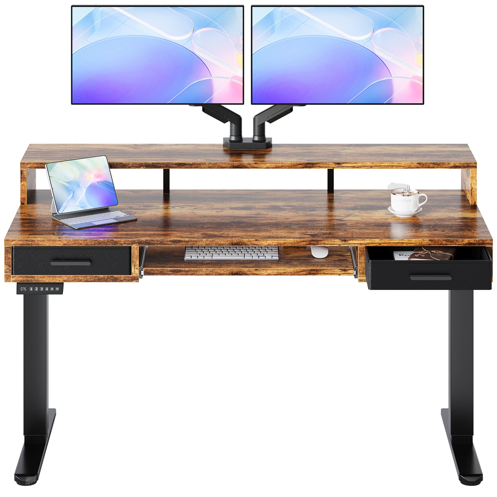 HUANUO 55″ x 26″ Electric Standing Desk with 2 Drawers &24.4″ Large Keyboard Tray, C-Clamp Mount Compatible, Adjustable Computer Desk for Office, Sit