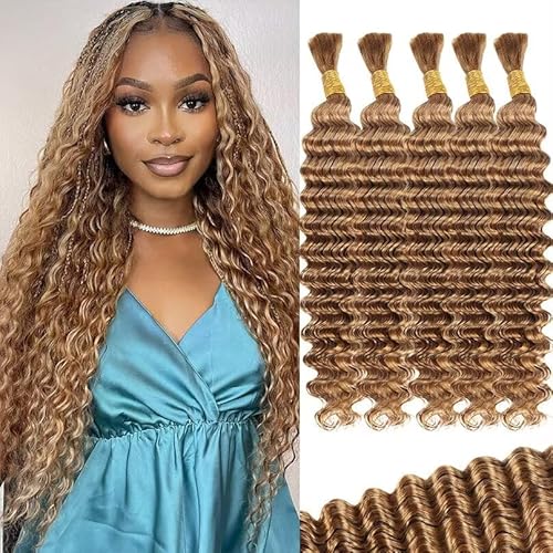 12A #27 Honey Blonde Human Braiding Hair for Boho Braids 5 Bundles 22 Inch 160g Deep Wave Braiding Hair for Bohemian Knotless Braids 100% Unprocessed Virgin Bulk Hair Extensions No Weft