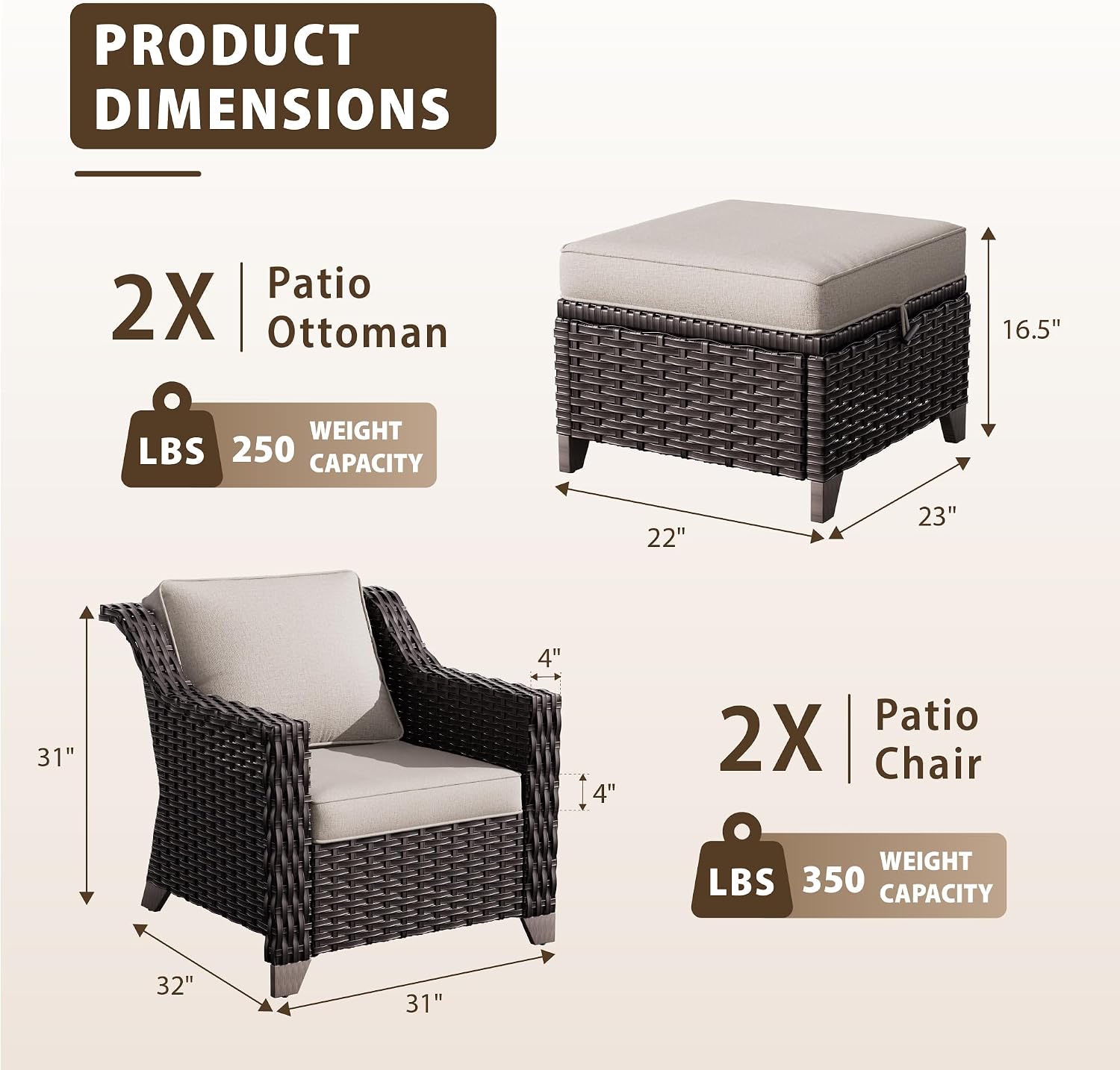 4 Piece Patio Furniture Set with 2 Patio Chairs, 2 Ottomans, Outdoor Furniture Set with 4" Thickened Cushions, Widen Armrest for Garden, Backyard, Porch(Beige)
