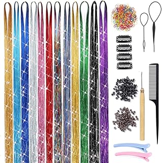 Hair Tinsel Kit with Tools 12 Colors 2400 Strands Hair Tinsel Heat Resistant Tinsel Hair Extensions Sparkling Shiny Glitter Fairy Hair for Women Girl Kids Christmas New Year Halloween Cosplay Party