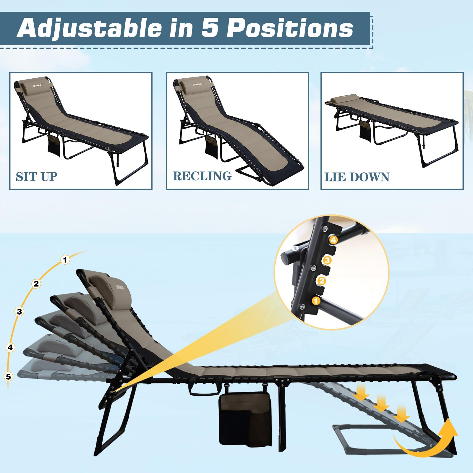 Übergroß Sonnenliege Klappbar Gartenliege 5 Verstellbarer Rückenlehne Outdoor Faltbar XXL Dreibeinliege Strandliege Campingbett bis 150KG mit Kissen Seitentasche 200x68CM Khaki