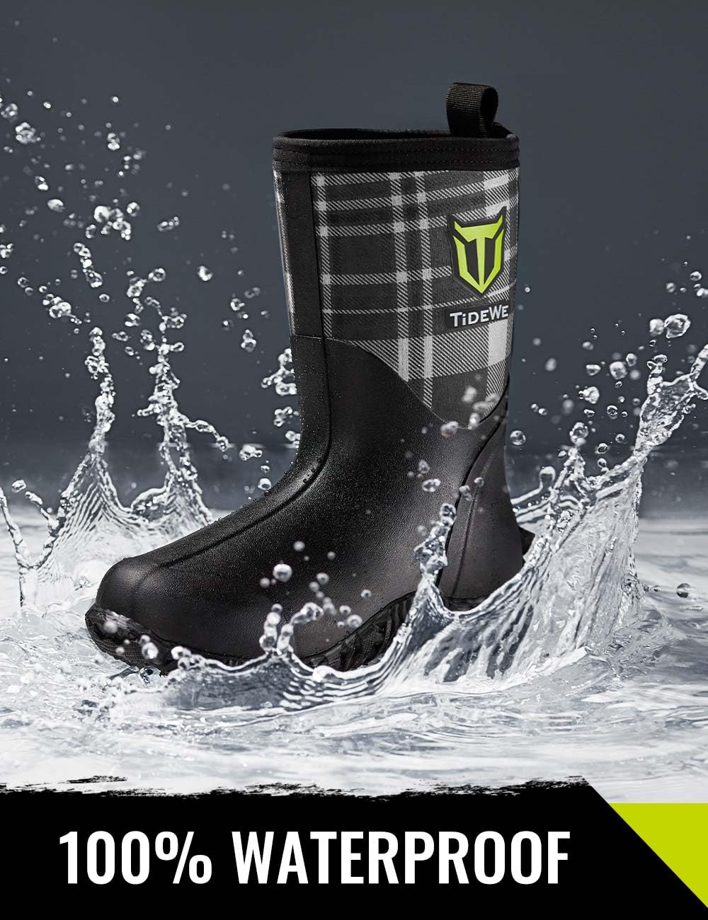 TIDEWE Rubber Boots for Women, 5.5mm Neoprene Insulated Rain Boots with Steel Shank, Waterproof Mid Calf Hunting Boots, Sturdy Rubber Work Boots for Farming Gardening Fishing (Plaid Size 9)