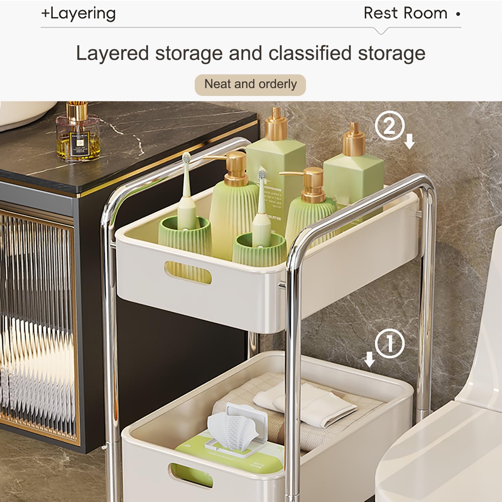 Aufbewahrungswagen mit 2 Ebenen, Badezimmer-Organizer, Roll-Utility, ausziehbarer Heim-Organizer, Organisation für Wohnzimmer, Badezimmer, Küche und schmale Orte.
