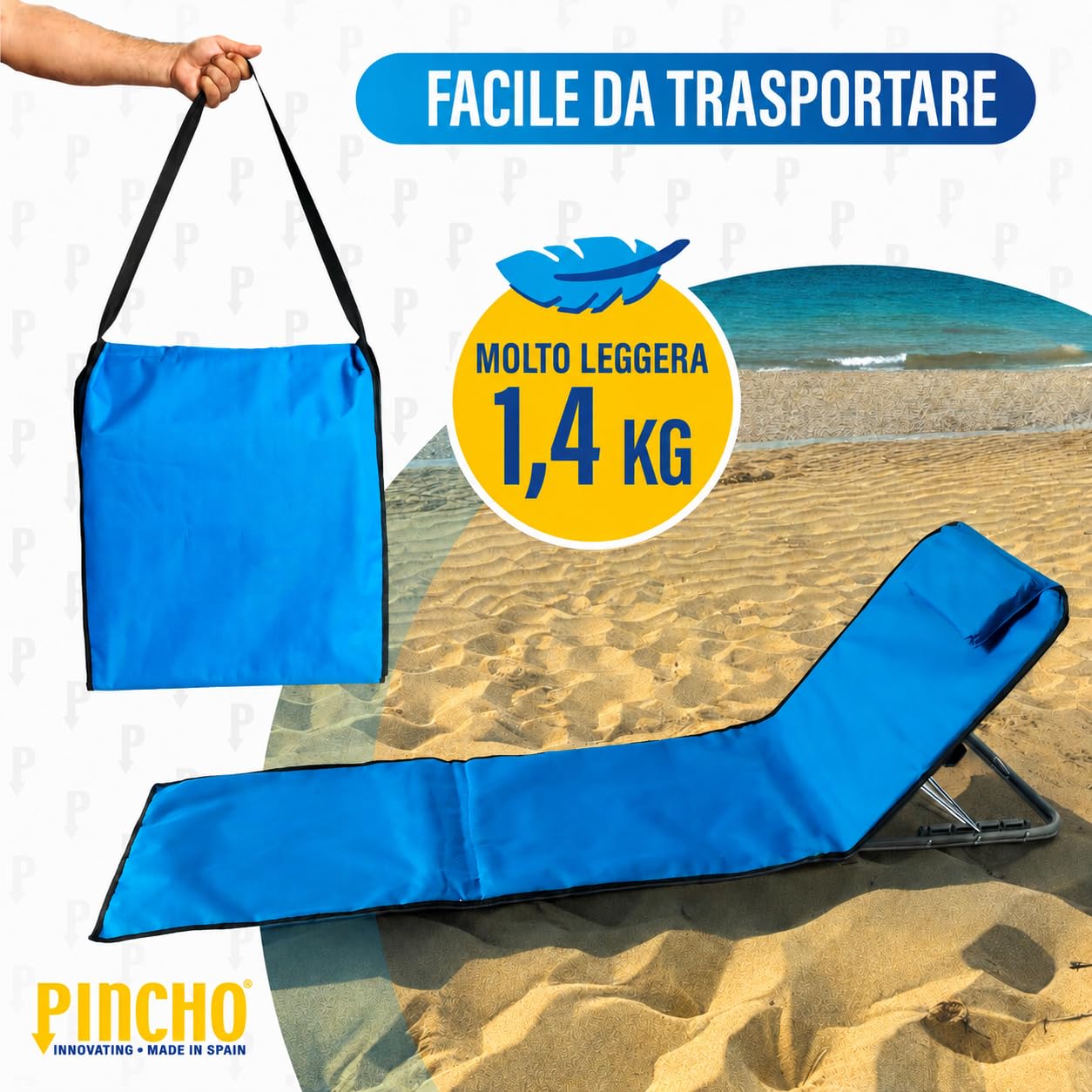 Pincho Lettino Prendisole Pieghevole, Set 2 Sdraio da Spiaggia, Materassino Mare, Spiaggina Mare Pieghevole con Schienale Regolabile, Stuoia Campeggio Portatile con Cuscino - 155x55 cm, 1,4 kg