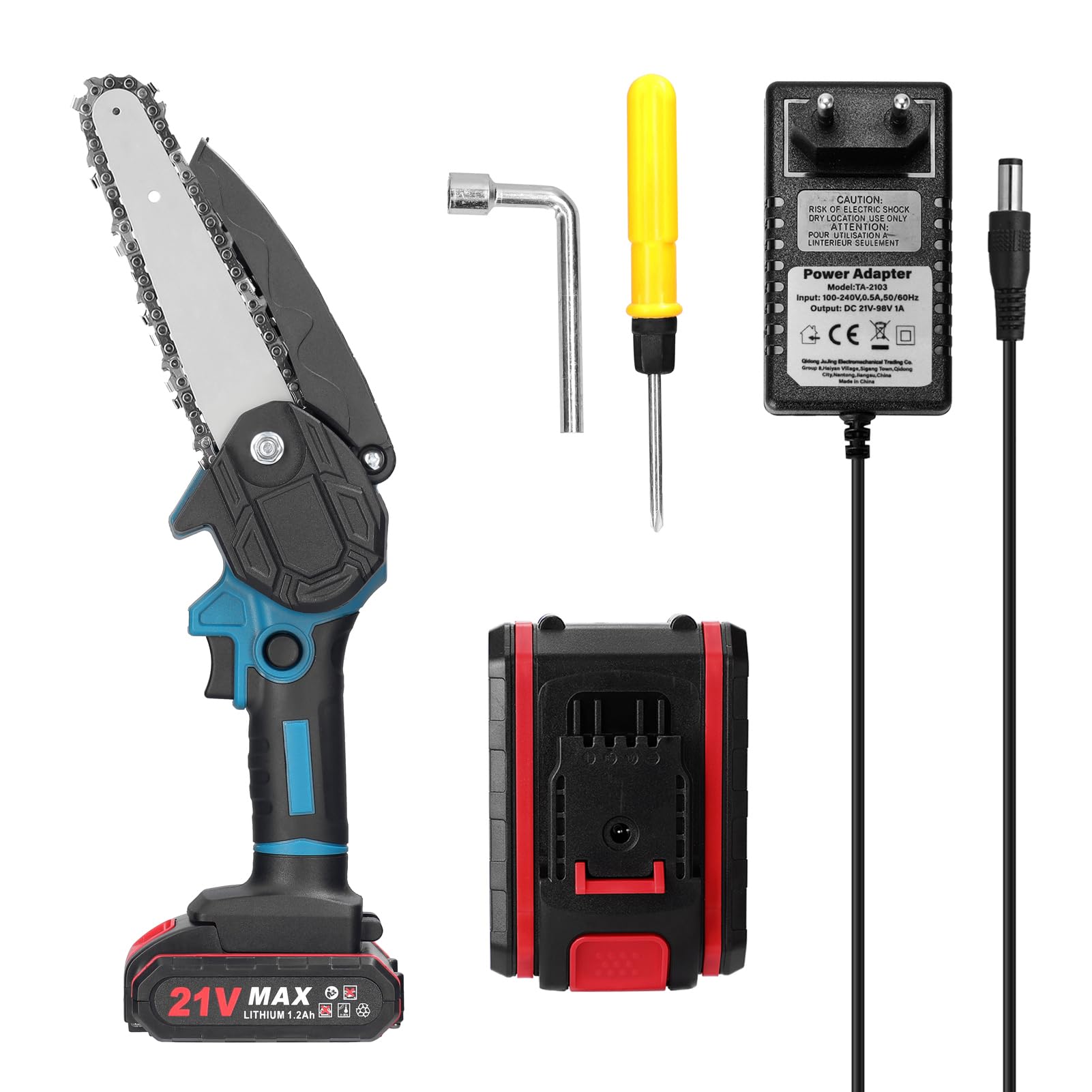 Matybobe Scie d'élagage électrique portable 21 V de 6 pouces - Petite tronçonneuse à bois - Moteur à brosse - Outil de travail du bois à une main pour jardin et verger