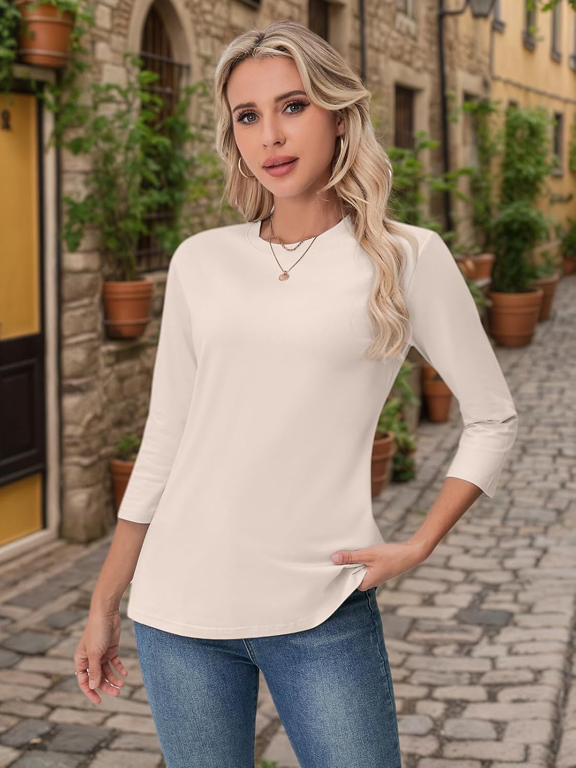 ALUS 3/4 Length Sleeve Tops for Women Crew Neck Casual Blouses Basic T Shirts - Image 2