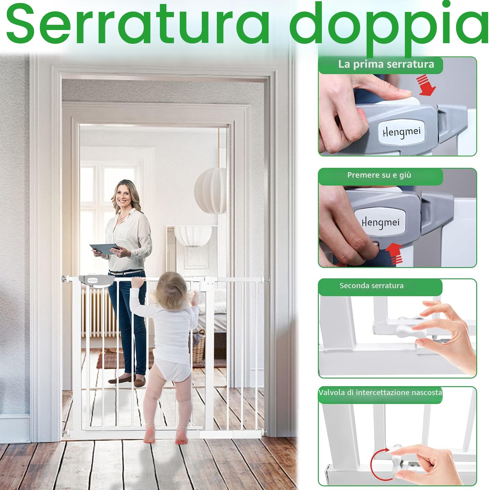LARS360 Barriera di protezione per scale, senza foratura, estensibile, apertura con una sola mano e chiusura automatica, in metallo, per neonati e animali domestici, 105-115 cm, bianco