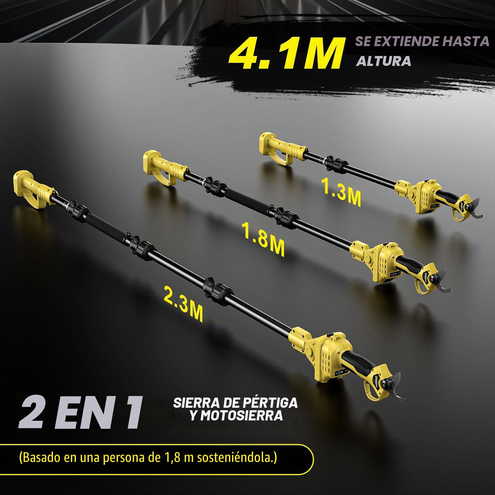 2 en 1 Tijeras de podar a batería telescópicas, compatibles Makita 18V, alcance 4m, motor sin escobillas 1500W, 2×2.0Ah, corte 42mm, rotación 180°, para jardinería y poda de árboles (yel)