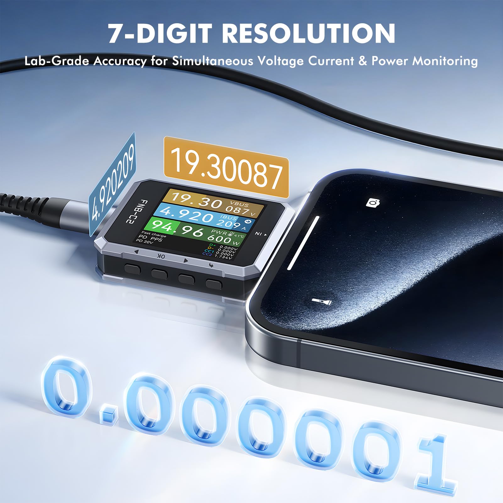 Tester USB FNB-C2, tester di ricarica rapida USB-C, 4-50 V, 6,5 A, amperometro digitale, voltmetro, misuratore di tensione e corrente, supporta PD3.1