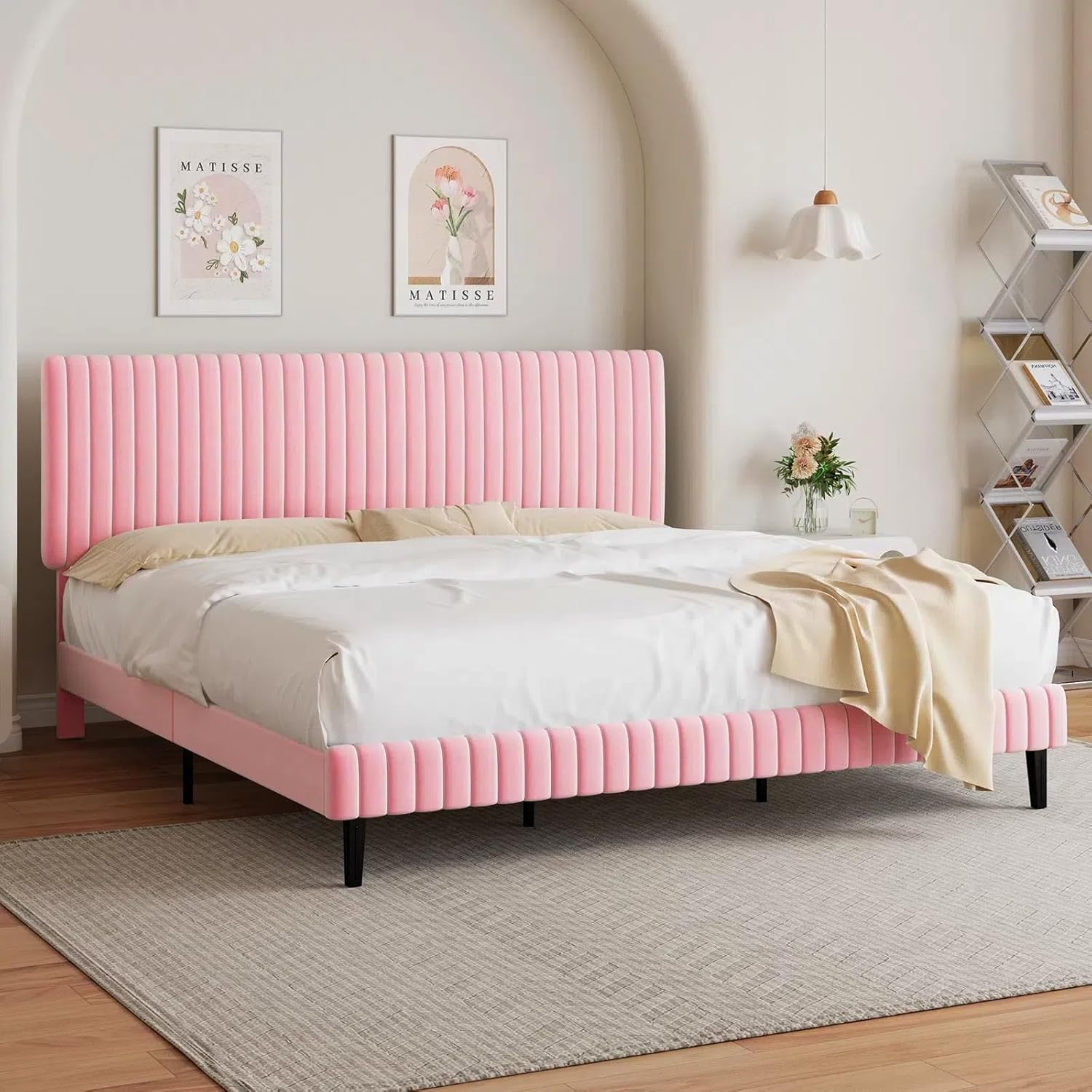 BarnFurin King Size Bed Frame with Adjustable Headboard, Velvet Upholstered Platform Bed with Vertical Channel Tufted Design, No Box Spring Required, Easy Assembly, Pink