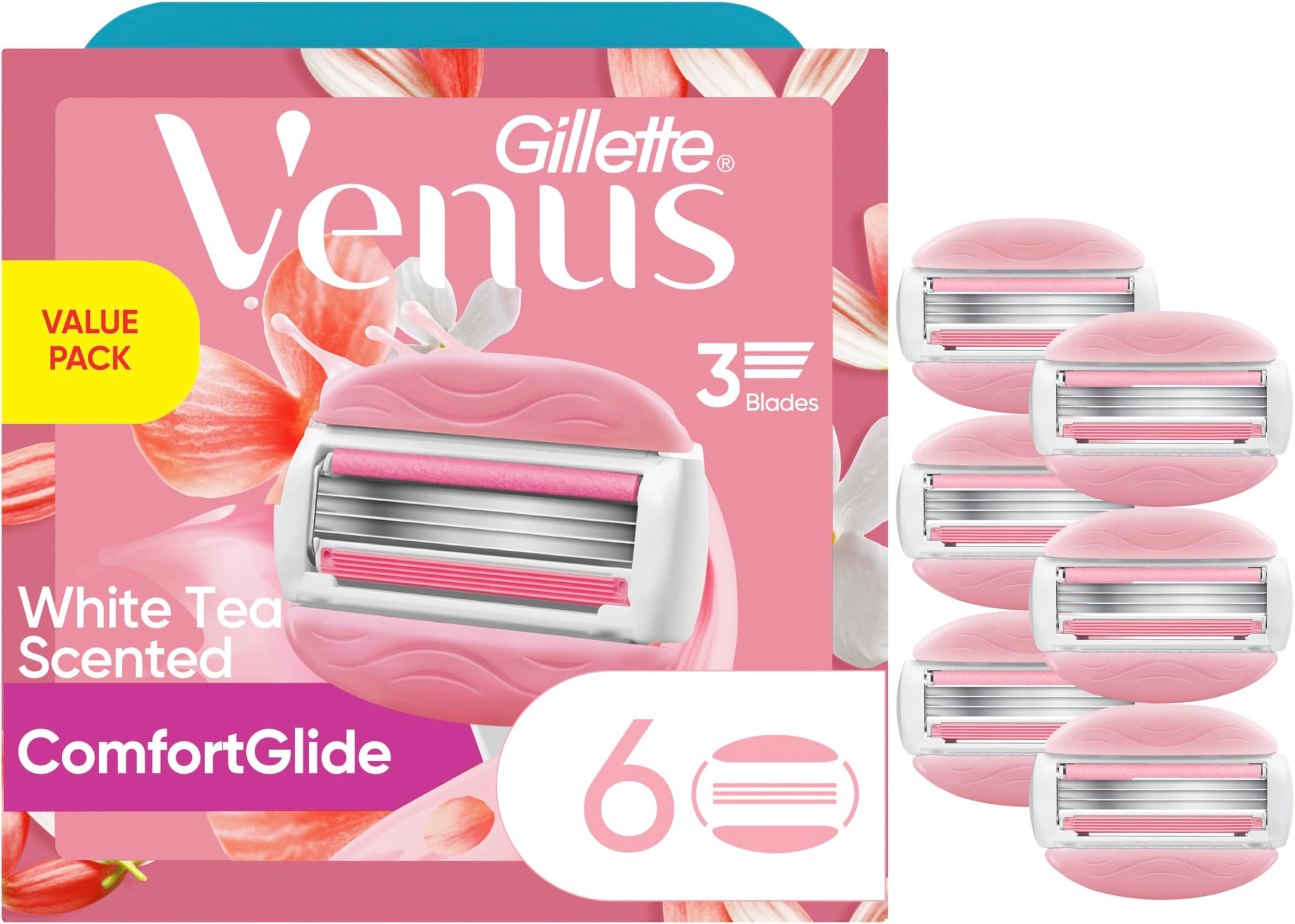 ComfortGlide White Tea Women's Razor Blades, 3-Blade Razor Refills, 6 Count