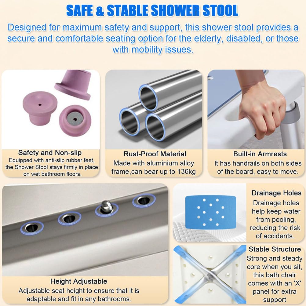 Altura de Aluminio Ajustable de baño/Silla de Ducha con Soporte para la Cabeza y la Ducha, Asientos de bañera para Ancianos, Embarazadas, discapacitadas, heridas, Capacidad de 150 kg,Azul