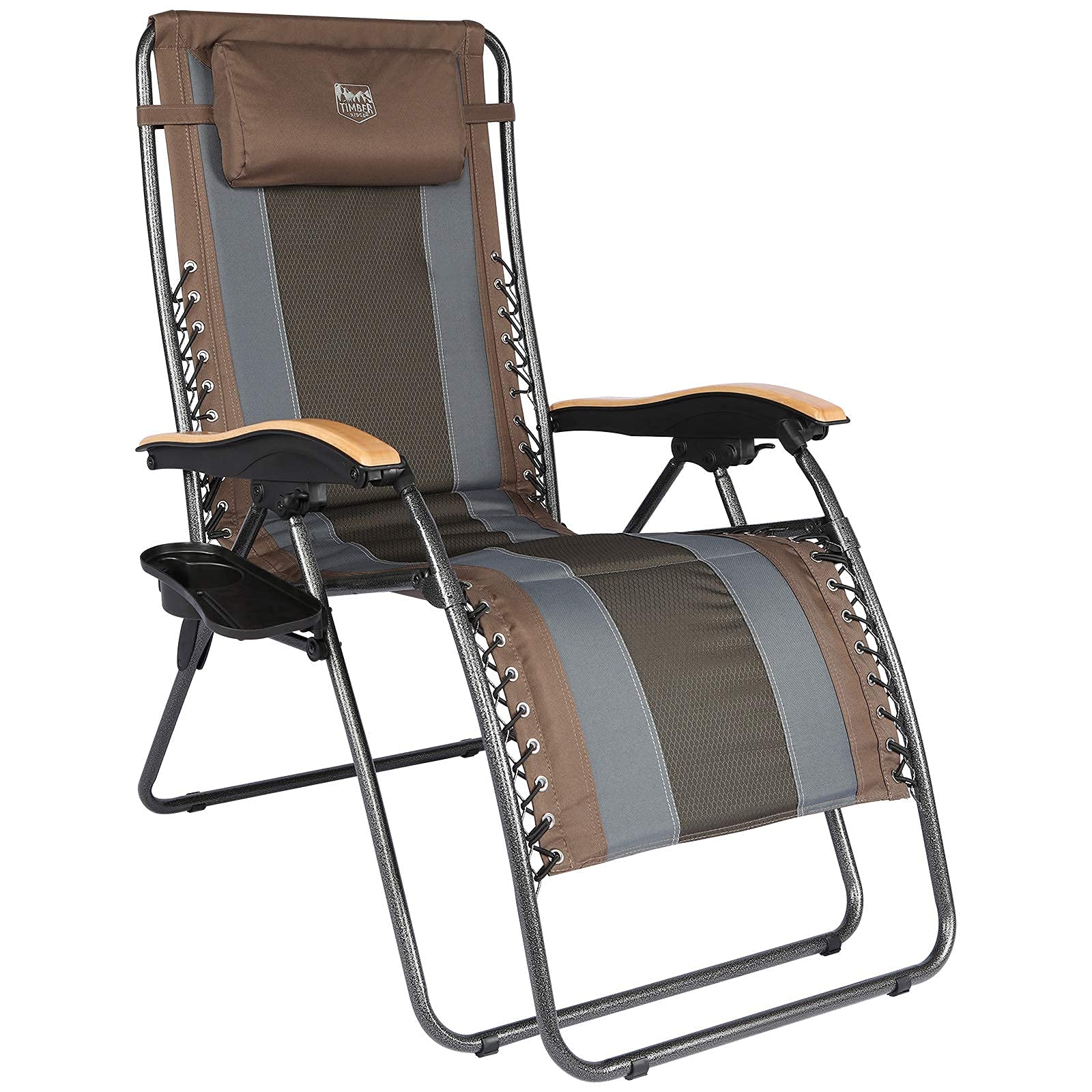 TIMBER RIDGE Oversized Zero Gravity Chair, Folding Patio Lounge Chair with Adjustable Headrest, XL Padded Reclining Lawn Chair with Cup Holder for Outdoor Garden, Support up to 350lbs(Brown)