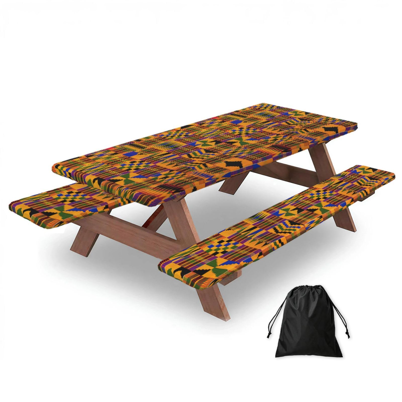 Yqxwjl Black African Weaving Print Camping Essentials Waterproof Camping Table And Bench Cover With Drawstring Bag 183 Cm