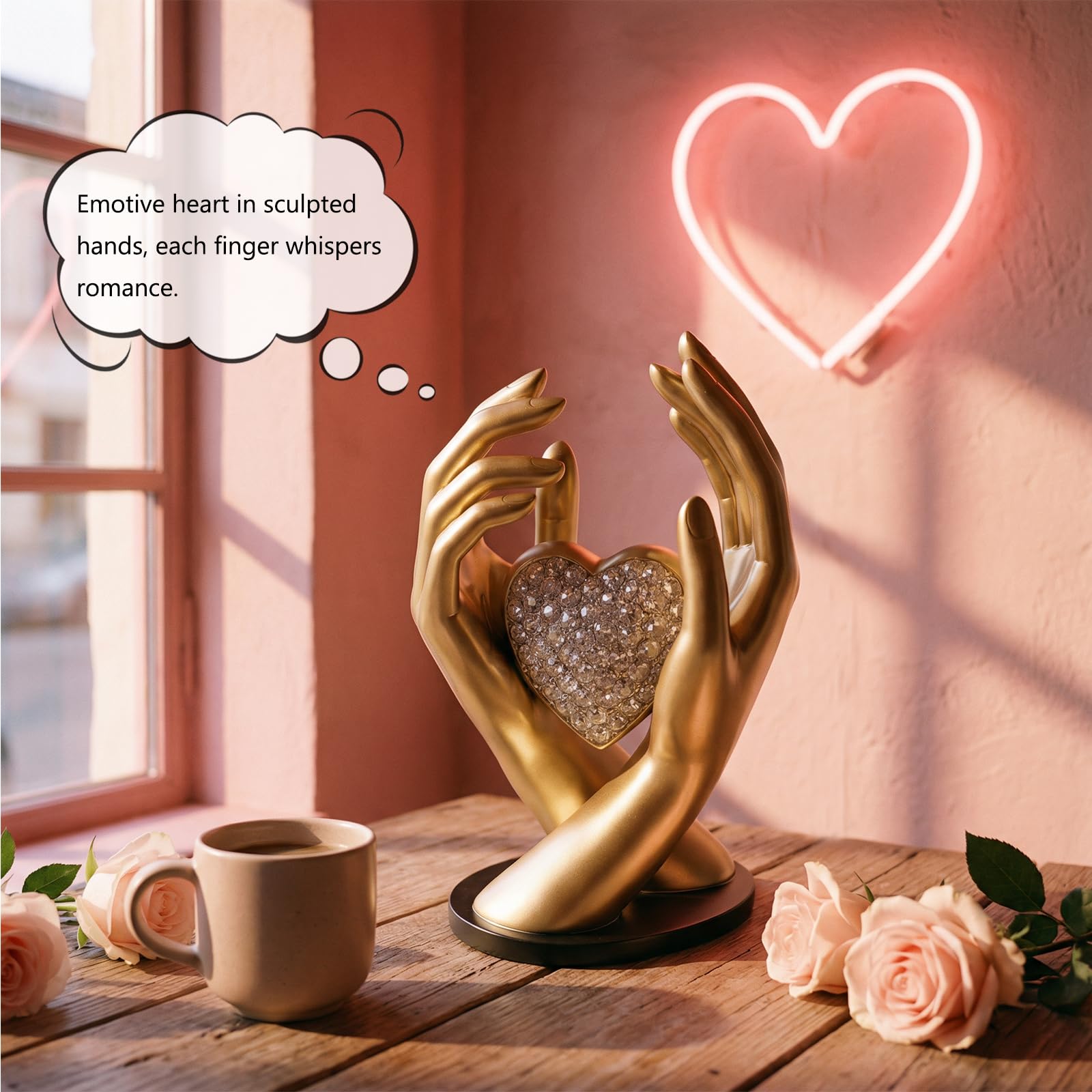 Decoración de mano dorada, sosteniendo una estatua de corazón, decoración de habitación, escultura de mano de corazón, perfecta para decoración de boda y como ambas manos sosteniendo un