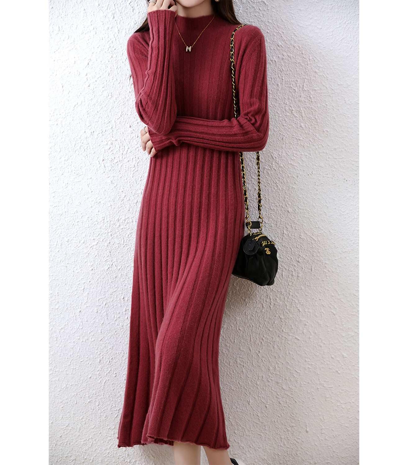 Vestido de punto 100 % de lana para mujer, cuello alto falso, tiras, cuello en V, manga larga, sin botones, vestido de punto acampanado