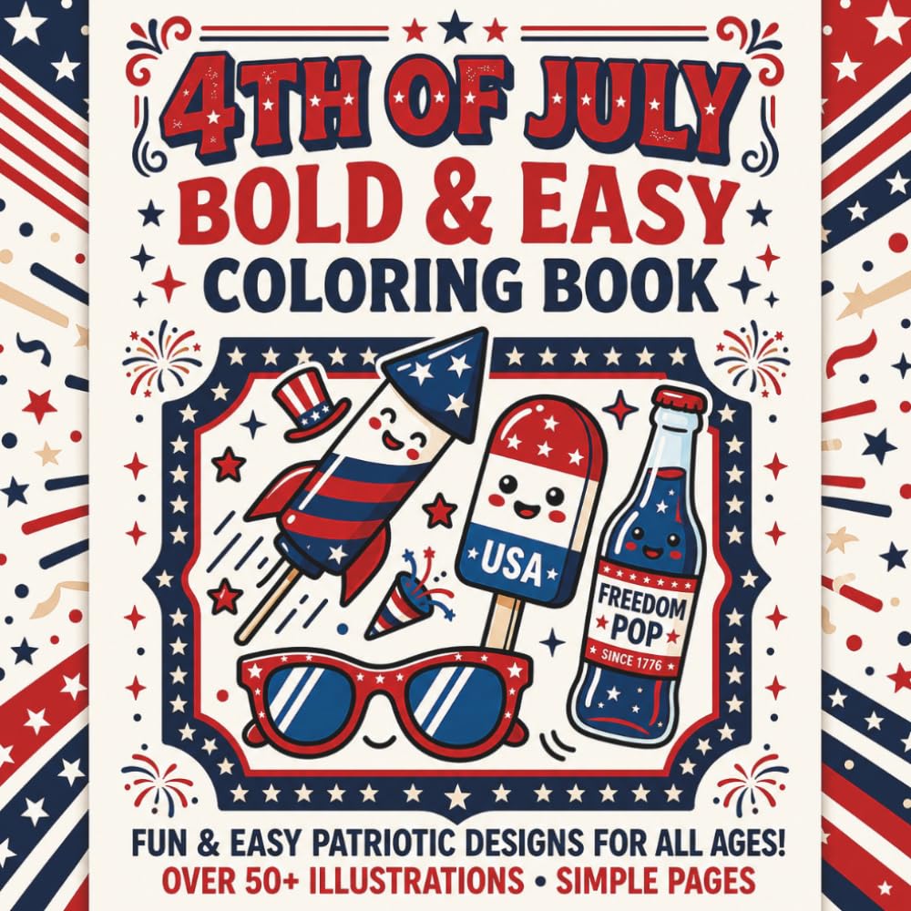 4th of July Bold & Easy Coloring Book: 50 Fun Patriotic Designs to Celebrate Freedom, Unity, and the Red, White & Blue