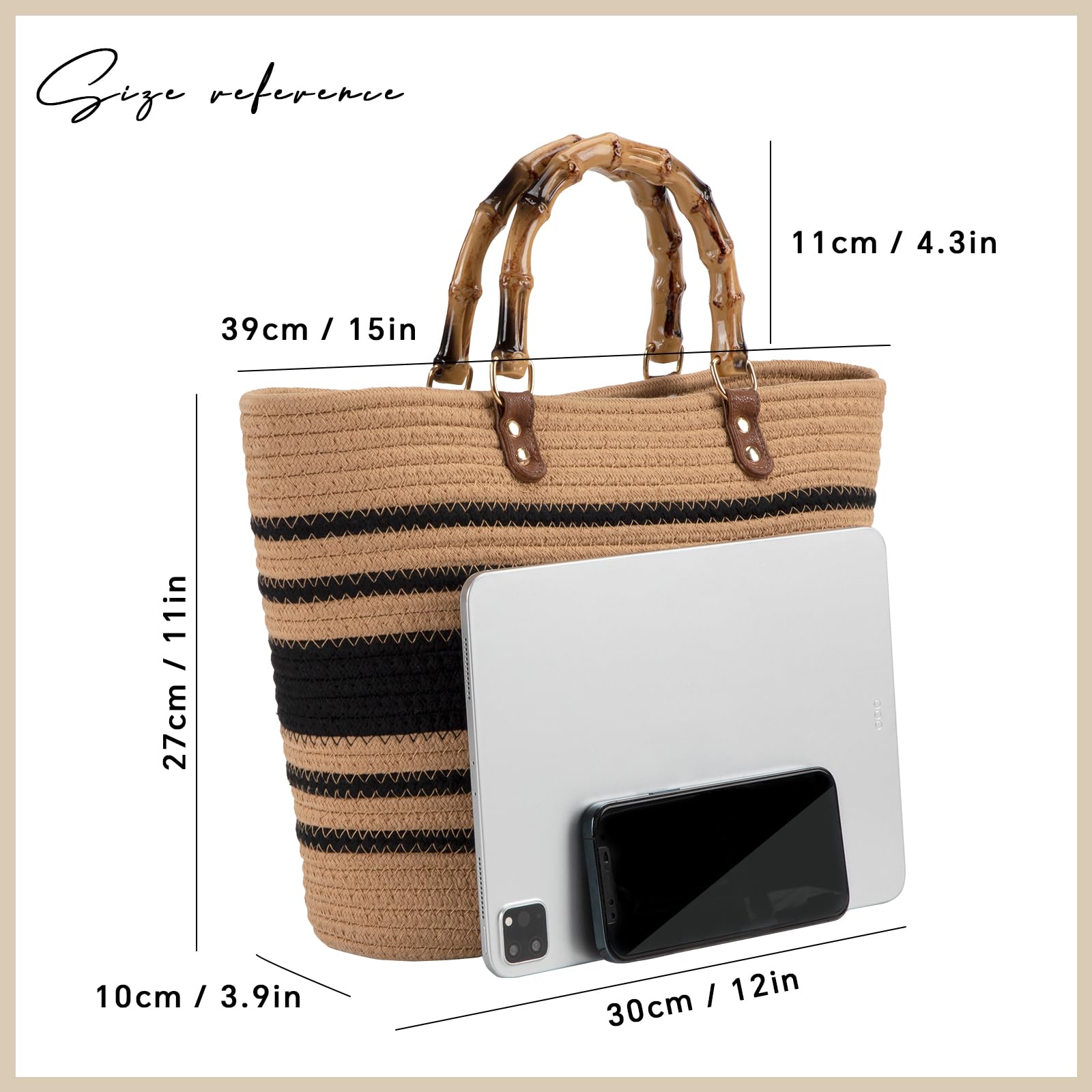 Tote Bag Grande Handbag a Spalla Estate Borsa per la Spesa con Manico Borsa di Modo per Donna Ragazze per Shopping Viaggio Spiaggia, Cachi e Nero
