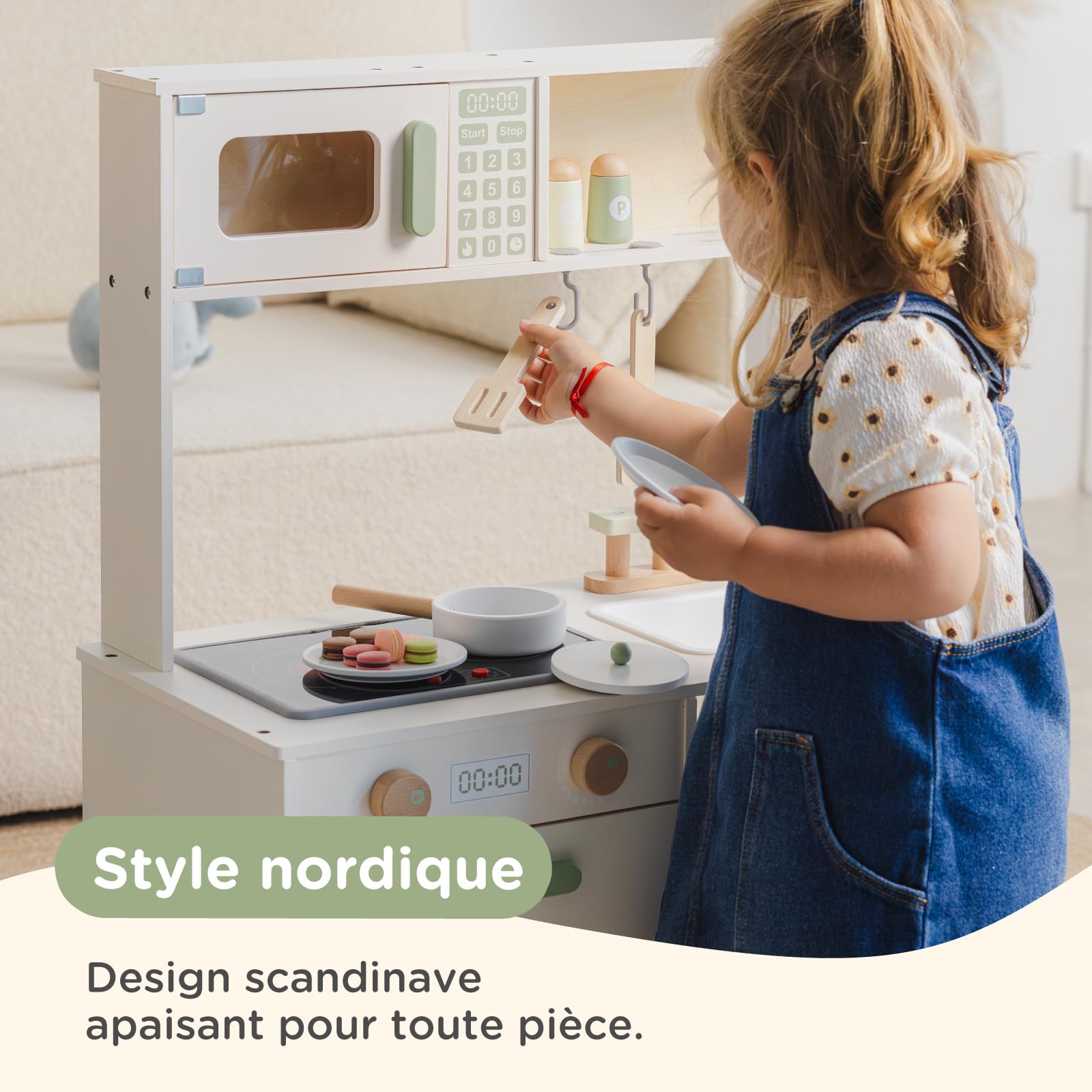Nene Toys Cuisine Enfant en Bois – Cuisine Jouet pour Enfants avec Lumière et Son, Évier, Micro-Ondes et Four, Étagères et Crochets + Accessoires – Jeu Montessori dès 3 Ans – Cadeau Filles et Garçons