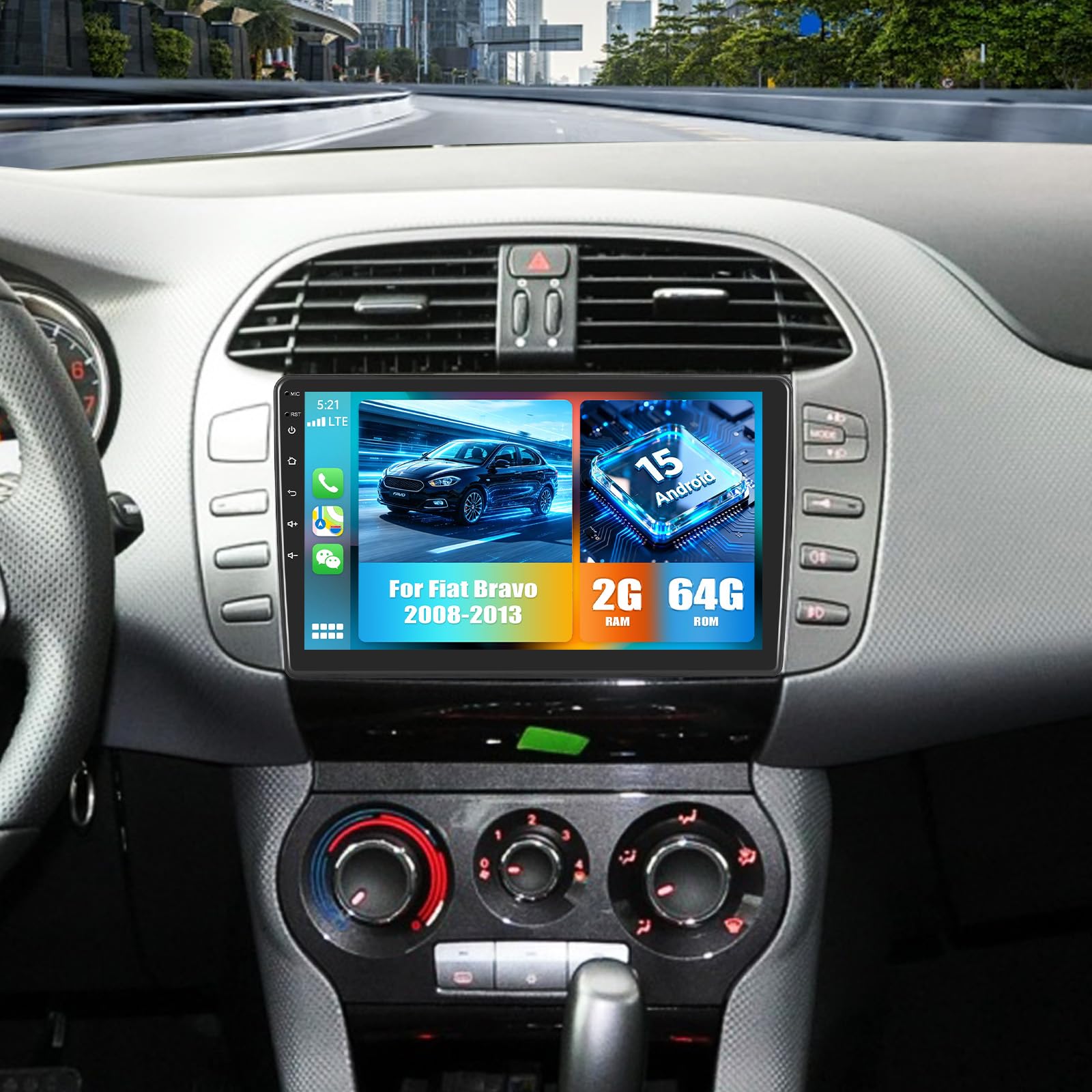 CAMECHO 2+64G Android 15 Carplay Autoradio per Fiat Bravo 2008-2013, Nav Wireless Carplay Android Auto, Schermo da 9" Radio WiFi Bluetooth Mirror Link FM/RDS EQ GPS