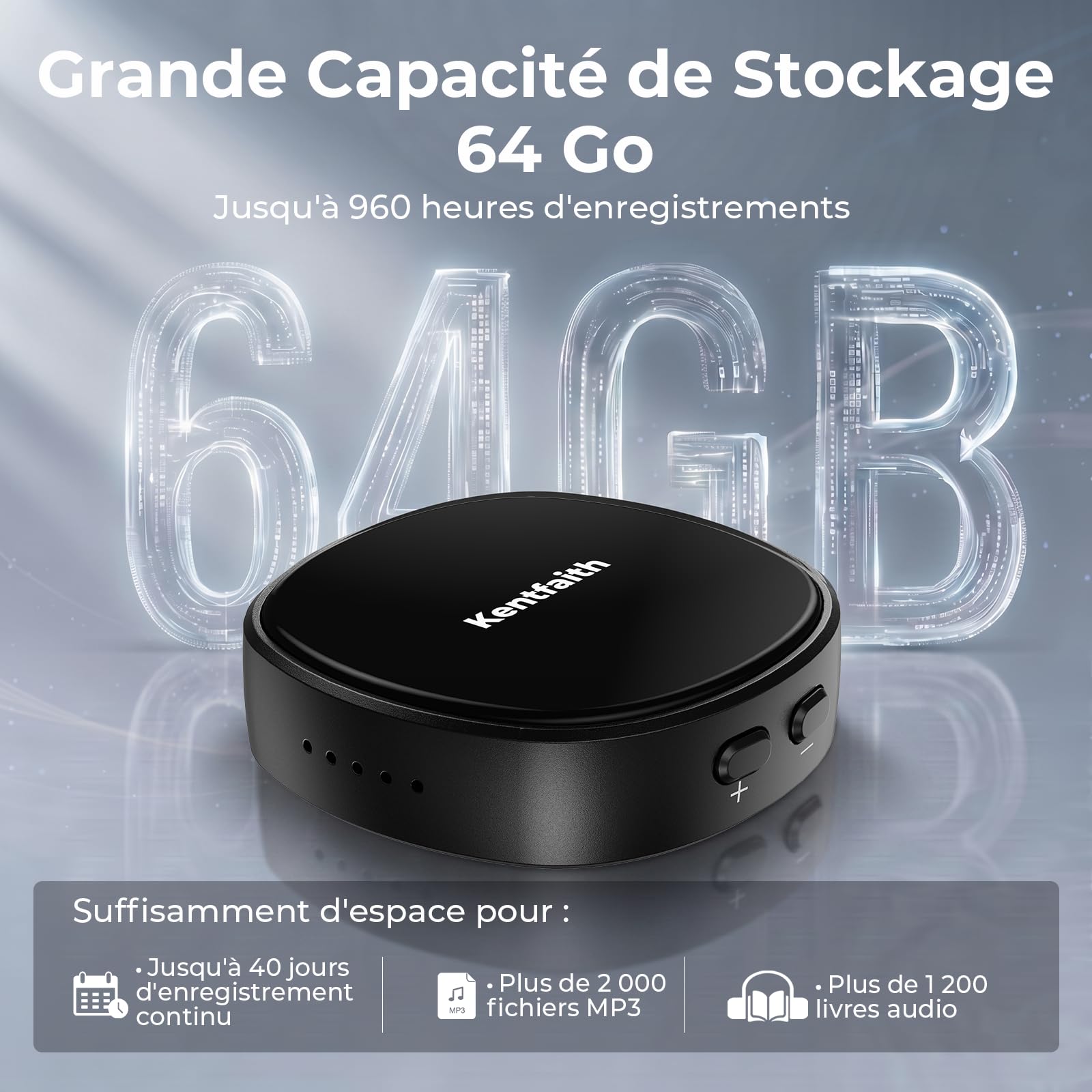 Kentfaith Dictaphone Enregistreur Vocal 64 Go Magnétique Activation Vocale