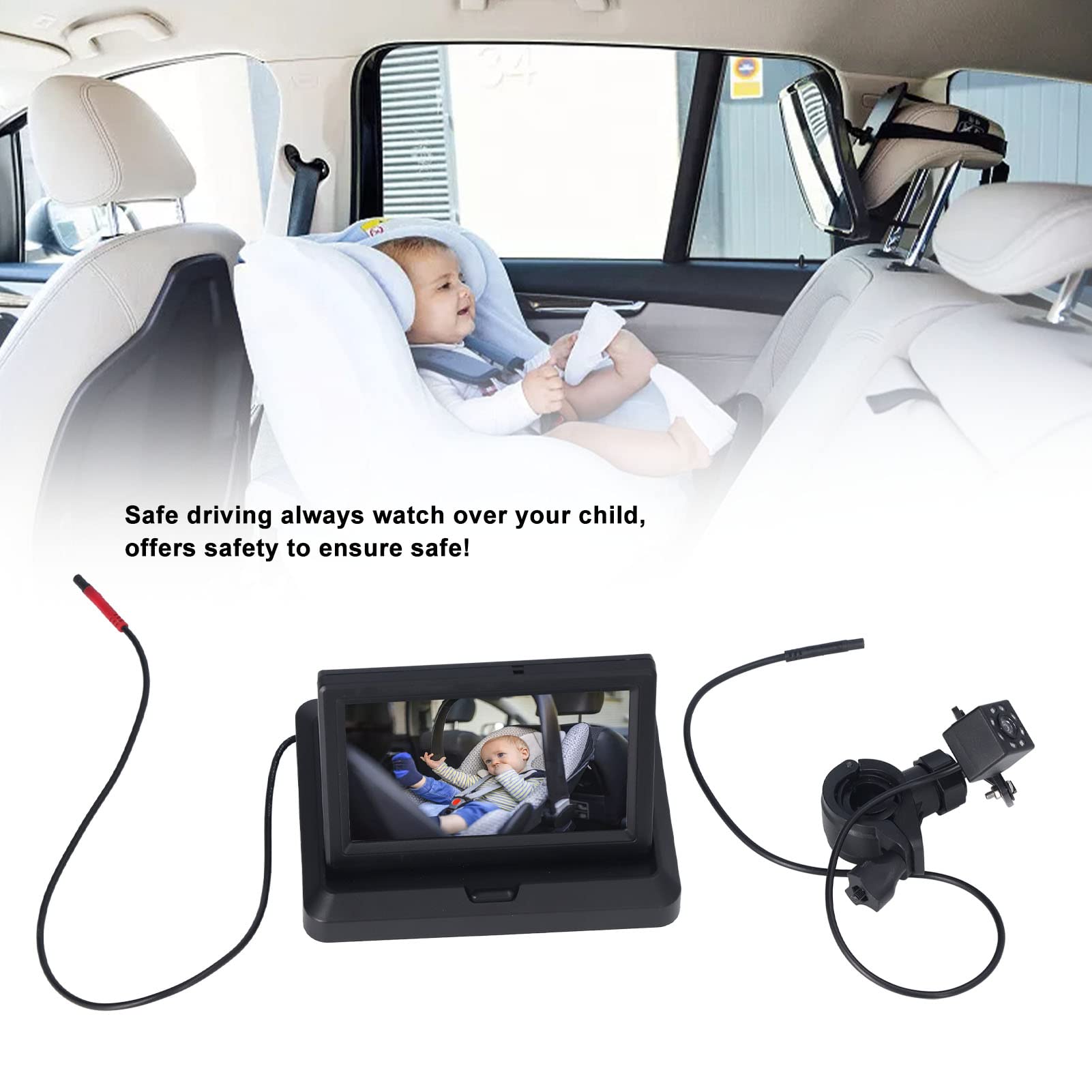 Monitor de coche para bebé Cámara del asiento trasero Espejo del asiento trasero Ángulo de visión de 140 ° Monitor de cámara de visión amplia clara y brillante ajustable con función de (5,0 pulgadas)