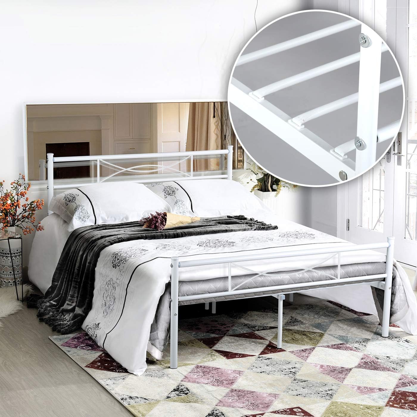 Stable Metal Frame Twin Size 6 Legs Two Headboards Mattress Foundation Steel Platform Bed Box Spring Replacement (Queen),White