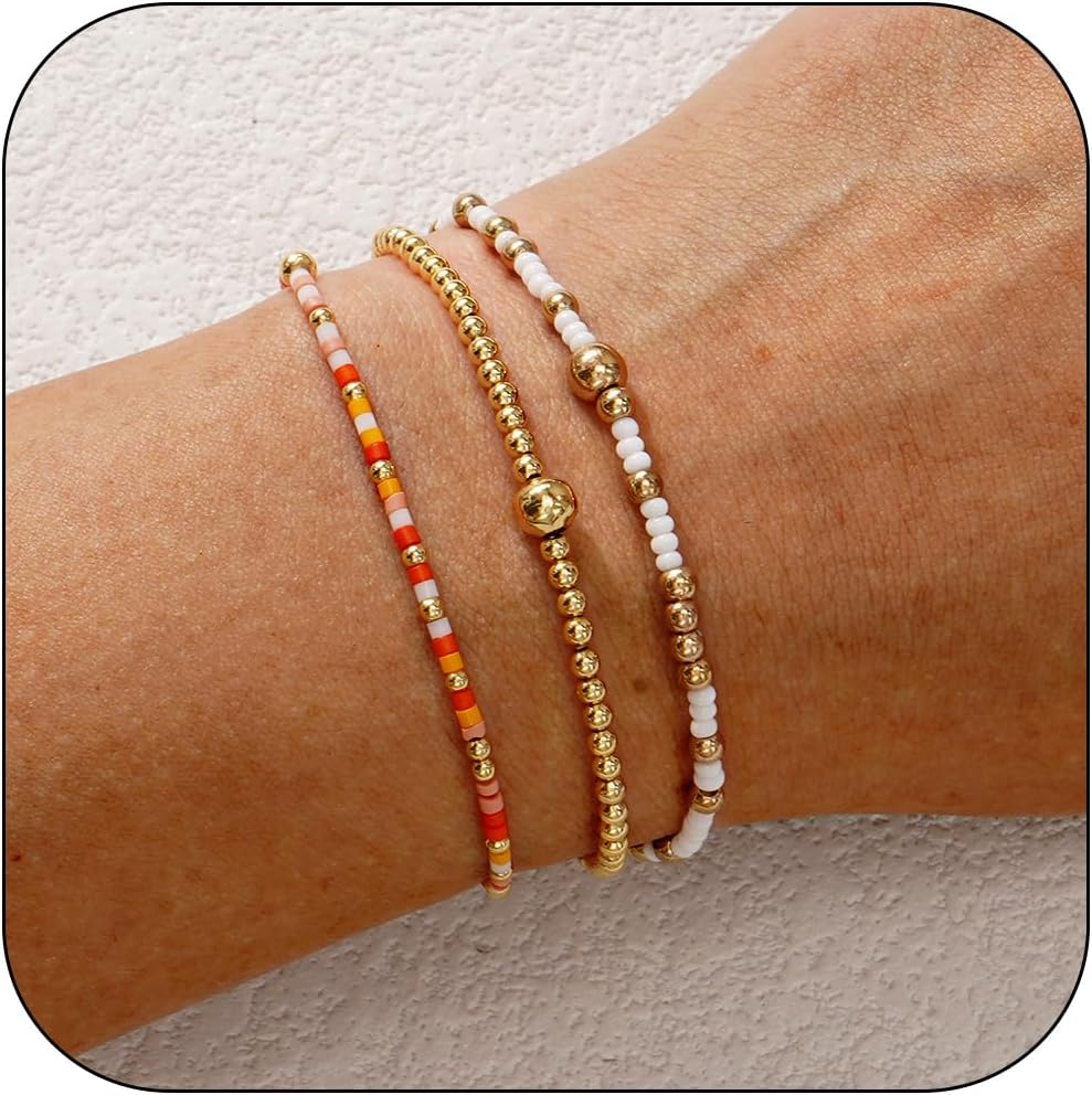 Boho Stackable Gold Seed Bead Bracelets set for Women, Handmade Colorful Ball Stretch Accessories Dainty Trendy Glass Jewelry, Daily Accessories Friendship Gift - Image 2