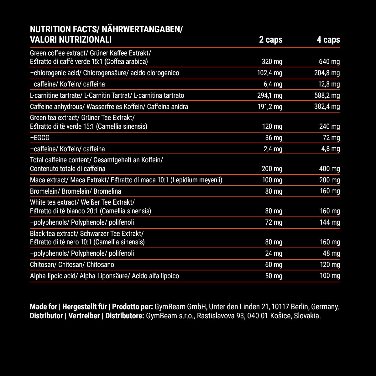 Nero Fatburner – L Carnitin Komplex mit 200 mg Koffein pro Portion, hochdosiert – Fettverbrenner mit MACA, Grüntee Extrakt, Bromelain & Schwarztee Extrakt, ohne Zusatzstoffe – GymBeam, 120 caps