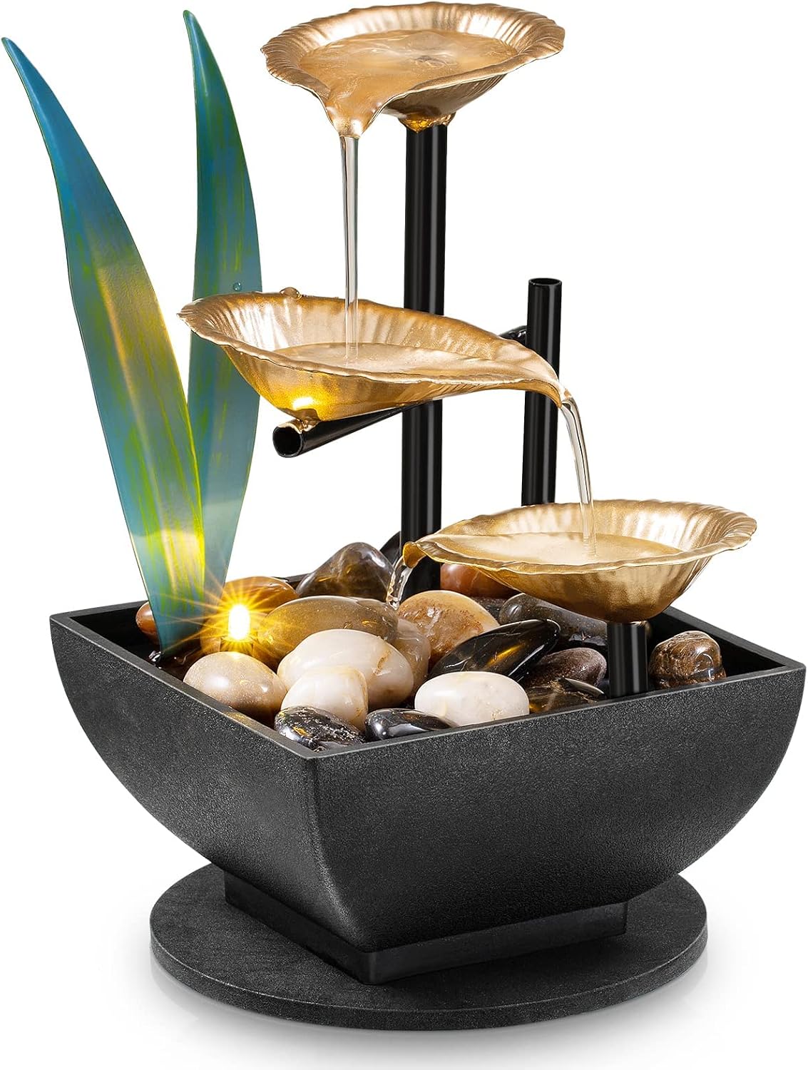 AMOOTEK Tabletop Fountain Desktop 3-Tier Indoor Golden Lotus Leaf Relaxation Fountains Waterfall, Office Home Decor Including Lots of Natural River Rocks and Warm Yellow Scene Light, AM-MR2005