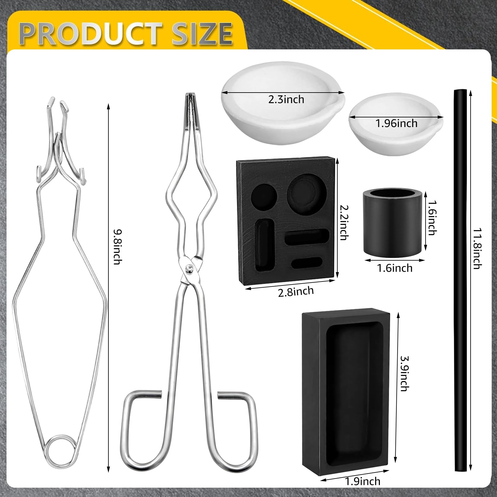 Kit de fundición de metal de grafito de 8 piezas, incluye 2 pinzas para crisol, 2 moldes de lingote de fundición de grafito, 2 crisoles de cuarzo, 1 varilla de grafito, 1 crisol de grafito,