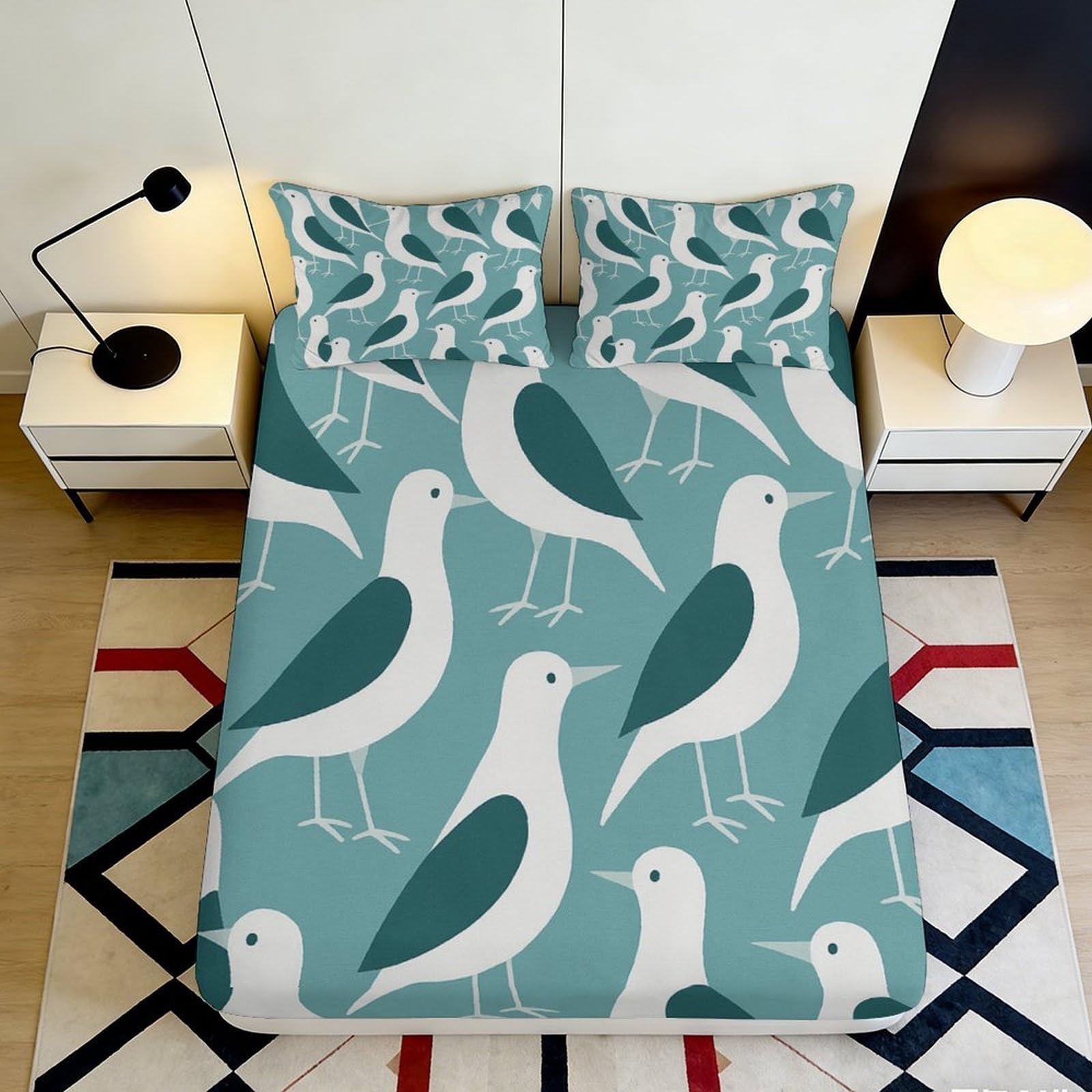 Pnayamiorkfel Style-1 3D Printed Seagull Pattern Fitted Sheet Microfiber Teal Blue Mattress Cover For Bedroom Guest Room Decor 90X200x25cm