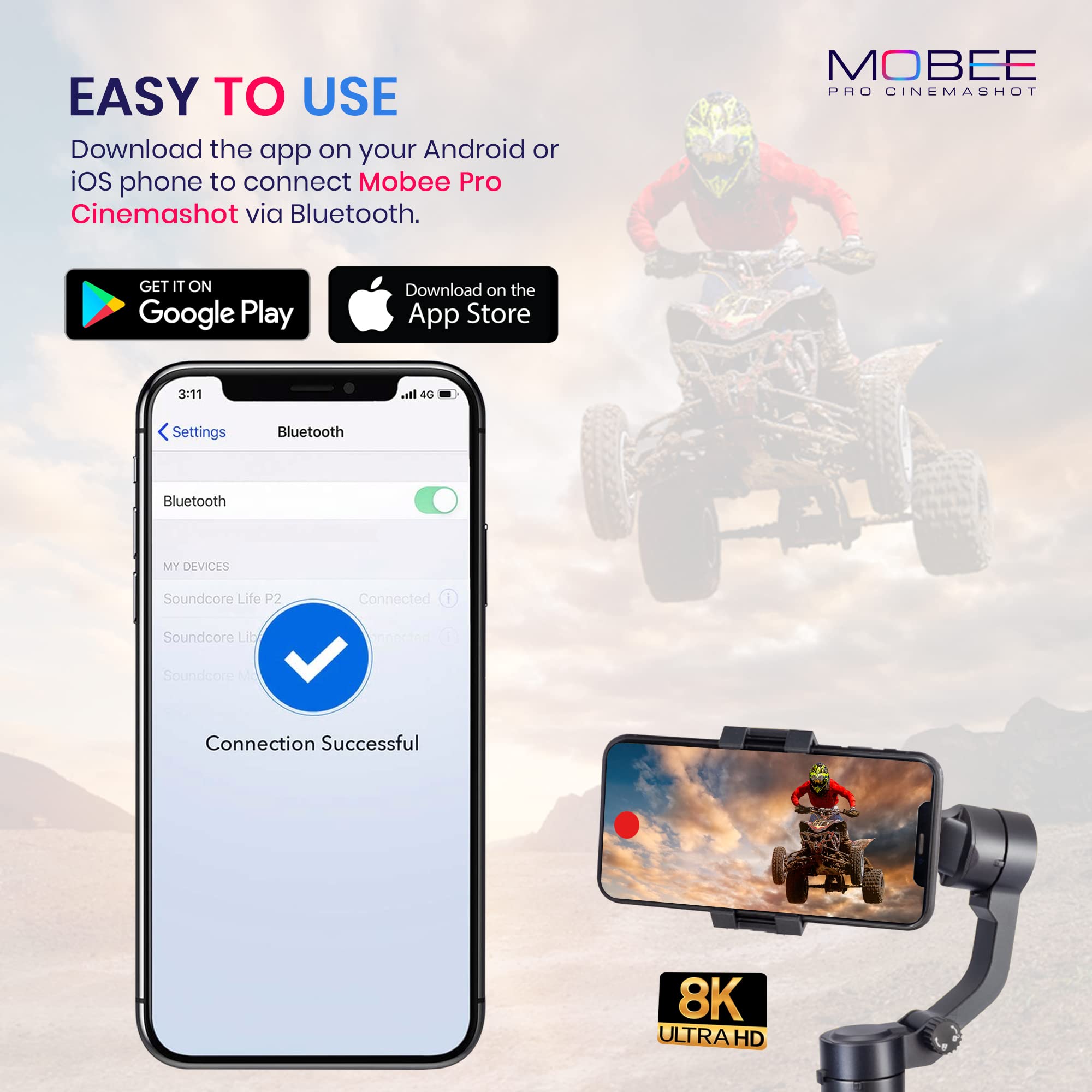 Mobee Pro Cinemashot - Gimbal movil Estabilizador para Smartphone Soporte de teléfono antivibración Gimbal Estabilizador para Móvil de 3 Ejes Trípode estabilizador diseño Plegable y portátil