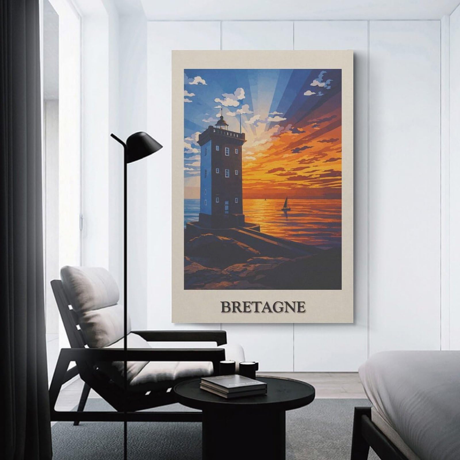 Junmoney Bretagne Lighthouse Sunset Wall Picture Print, 24x36inch(60x90cm), for Art Walls, Layered Displays Or Homes, Home Wall Art for Statement Displays