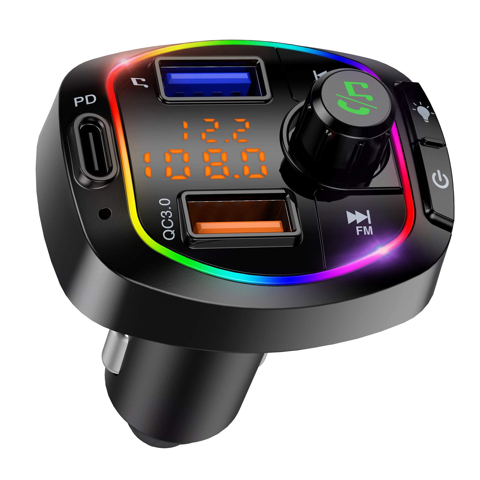 Geosta Bluetooth 5.0 FM Transmitter, [18W Type C PD + QC 3.0], USB-C Car Charger Wireless Adapter with Hands-free, Power Off Button, Siri Google Assistant, 6 Colors Backlit, U Disk/TF Card Music Play