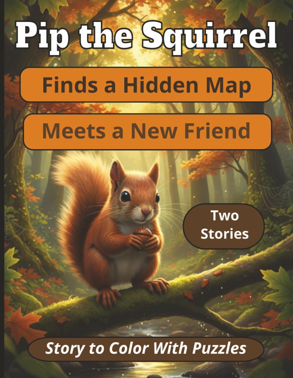 Pip The Squirrel Finds a Hidden Map, Meets a New Friend - Two Stories to Color, With Puzzles: 8.5 x 11, Story to Read With Coloring For Kids (Pip the Squirrel Coloring Story)