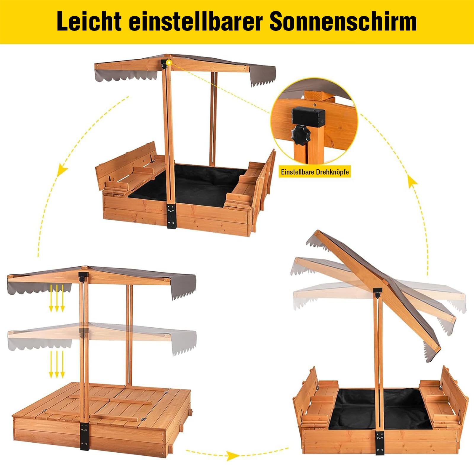 Aivituvin Kinder Sandkasten mit Abdeckung, 120x120x132cm Holz Deckel sandkiste mit aufziehbarer Dach, faltbaren Sitzbänken für draußen (Naturholzfarben)