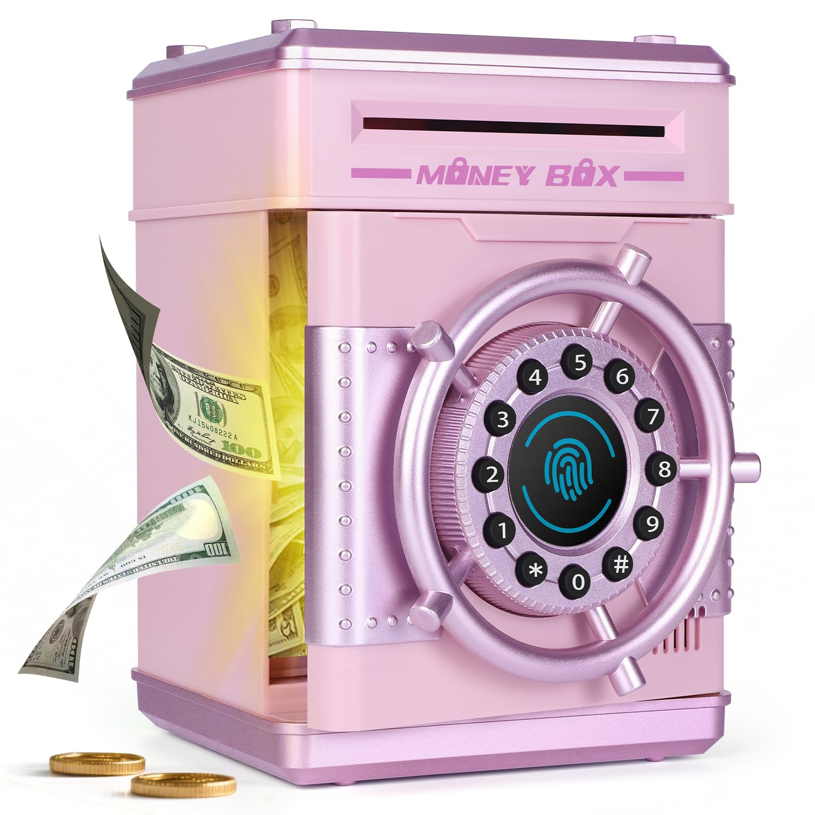 Yellcetoy Spardose Kinder, Steuerrad Tresor Kinder mit Code Elektrische Safe Sparschwein Sparbüchse Geldsafe ATM Piggy Bank, Geburtstag Weihnachts Geschenke für Mädchen 3 4 5 6 7 8+ Jahre Rosa