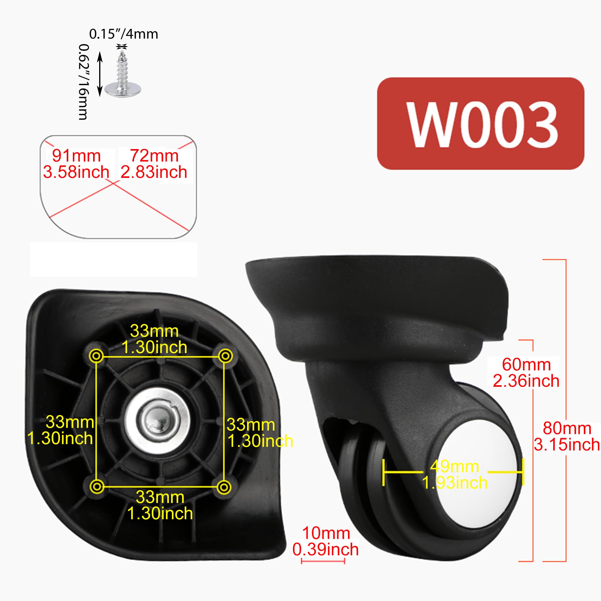 9.5x9.2x5cm Black Plastic Left & Right Bricolage bagage pivotant roulettes avec 4 trous